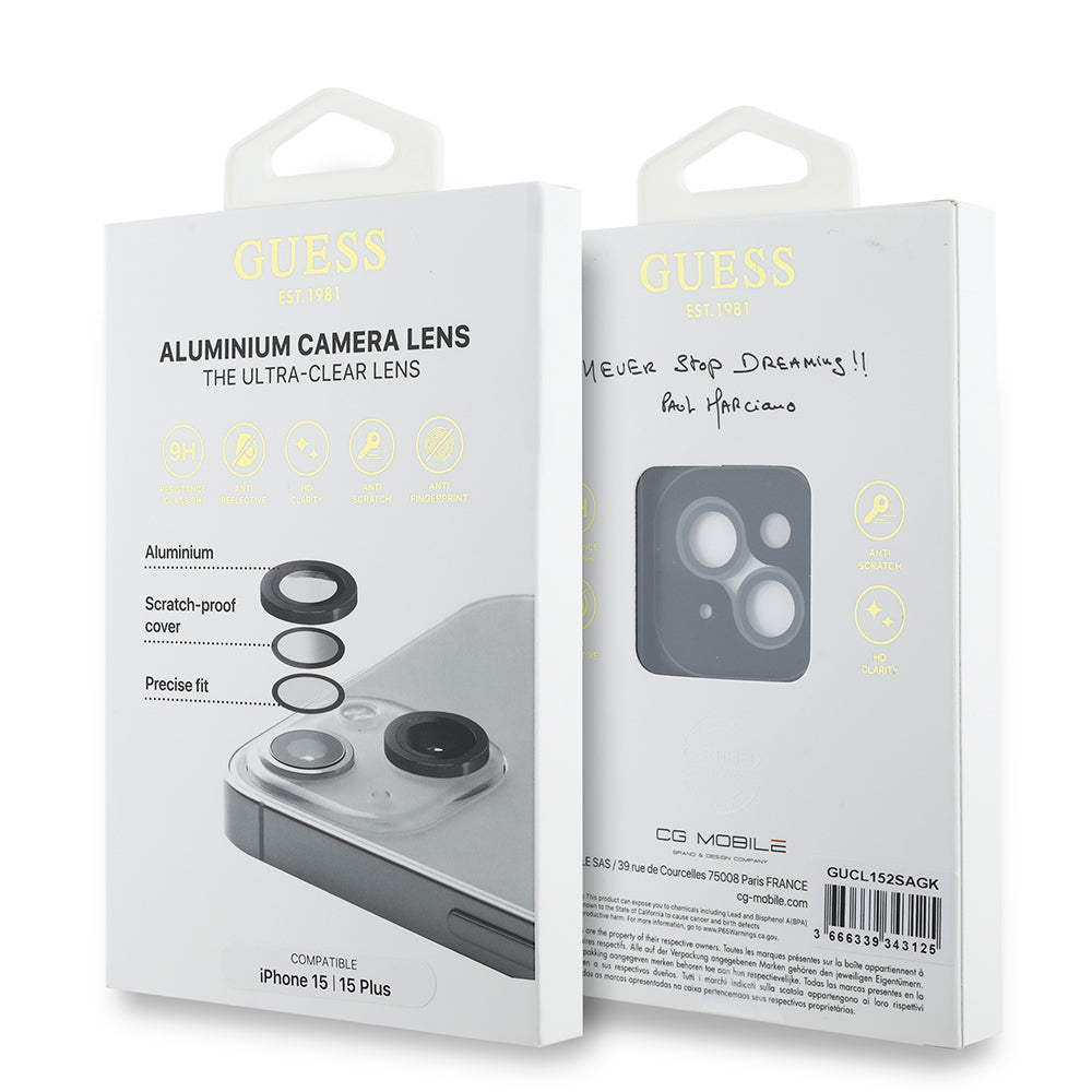 Apple iPhone 15 Guess Orjinal Lisanslı Metal Kamera Lens Koruyucu Gümüş