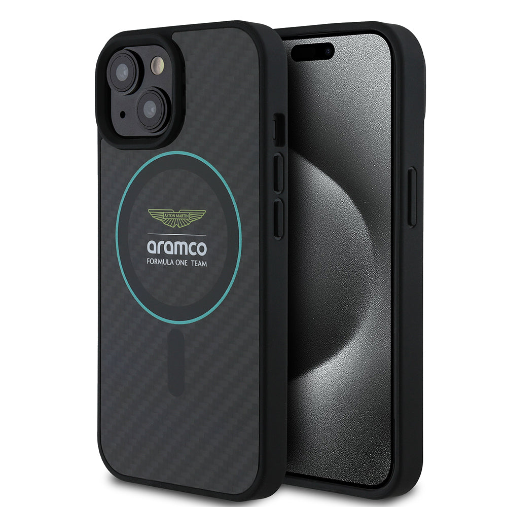 Apple iPhone 15 Kılıf Aston Martin Orjinal Lisanslı M-safe Şarj Özellikli Renkli Halka ve Karbon Fiber Tasarımlı Kapak