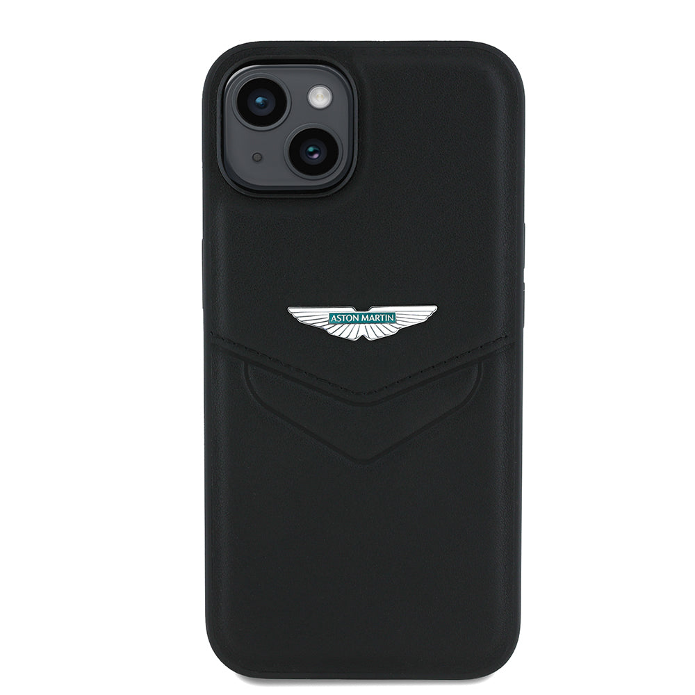Apple iPhone 15 Kılıf Aston Martin Orjinal Lisanslı Victory Dizayn PU Deri Metal Logolu Kapak Siyah