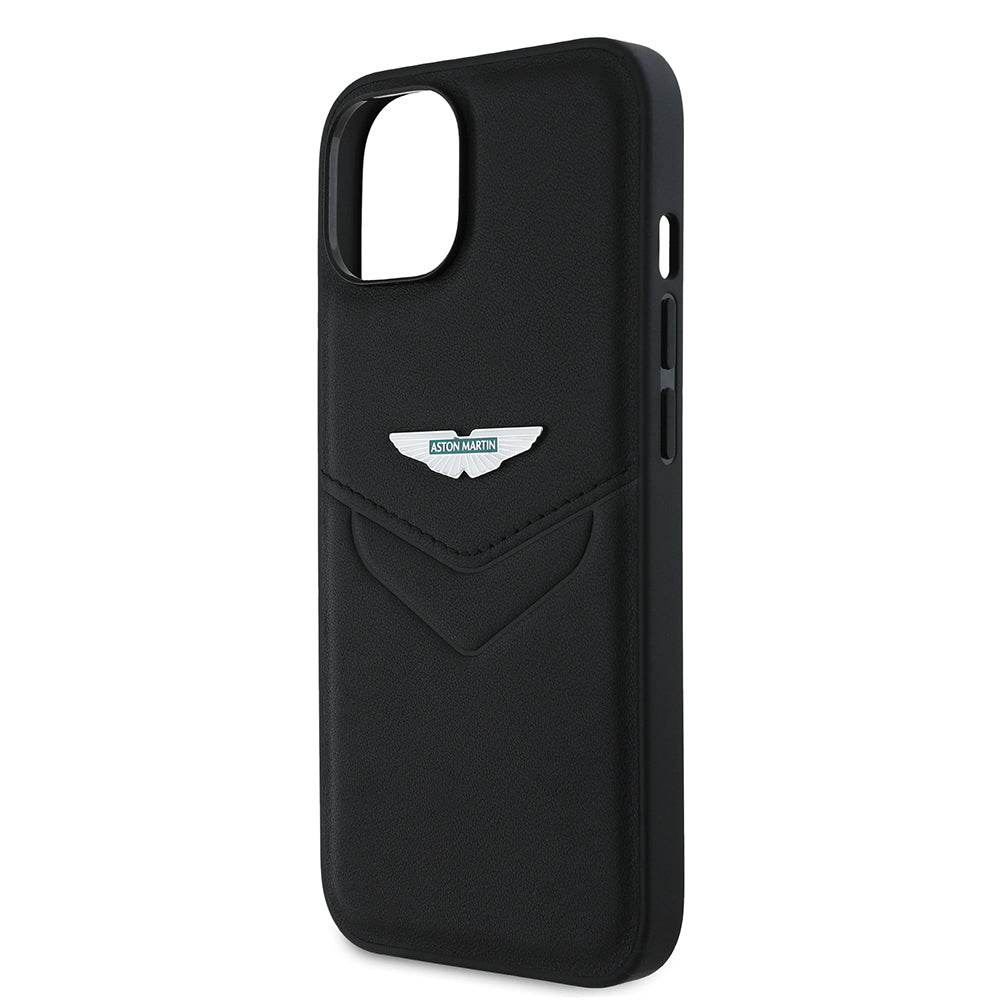 Apple iPhone 15 Kılıf Aston Martin Orjinal Lisanslı Victory Dizayn PU Deri Metal Logolu Kapak Siyah