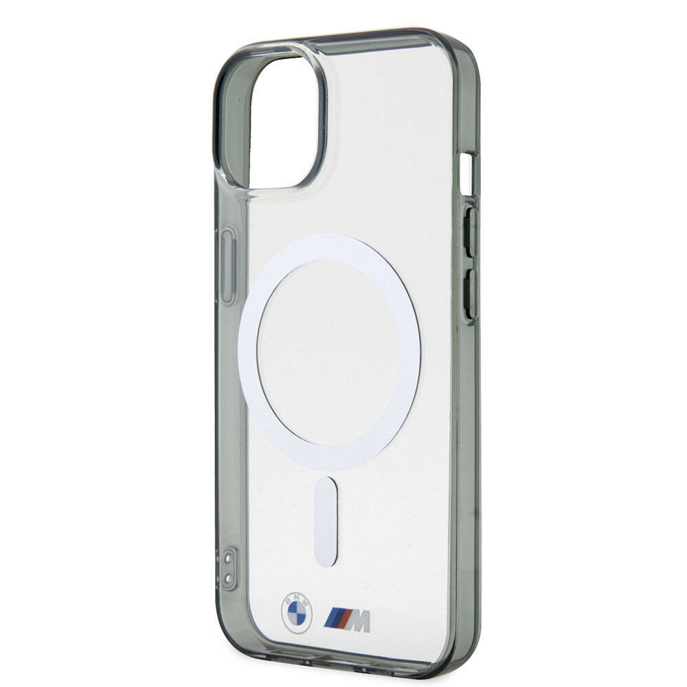 Apple iPhone 15 Kılıf BMW M-safe Şarj Özellikli Transparan Silver Ring Orjinal Lisanslı Kapak Renksiz