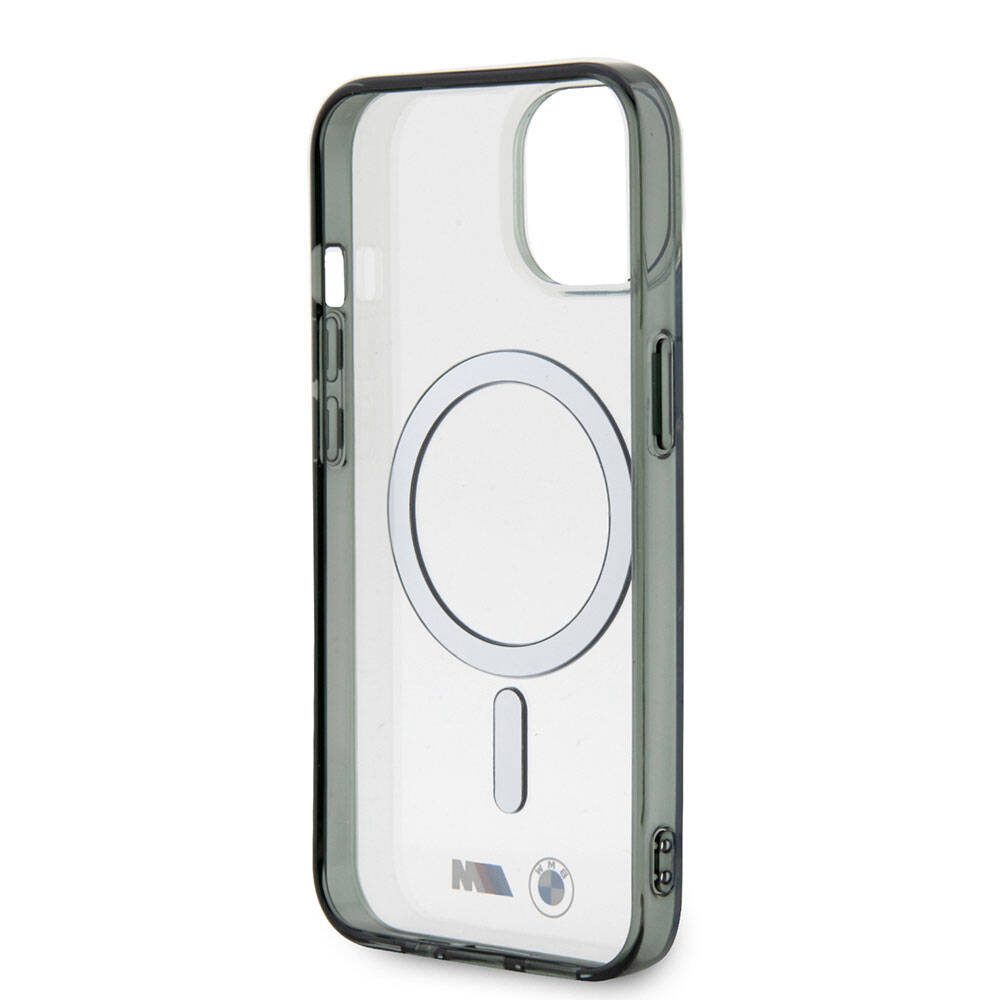 Apple iPhone 15 Kılıf BMW M-safe Şarj Özellikli Transparan Silver Ring Orjinal Lisanslı Kapak Renksiz