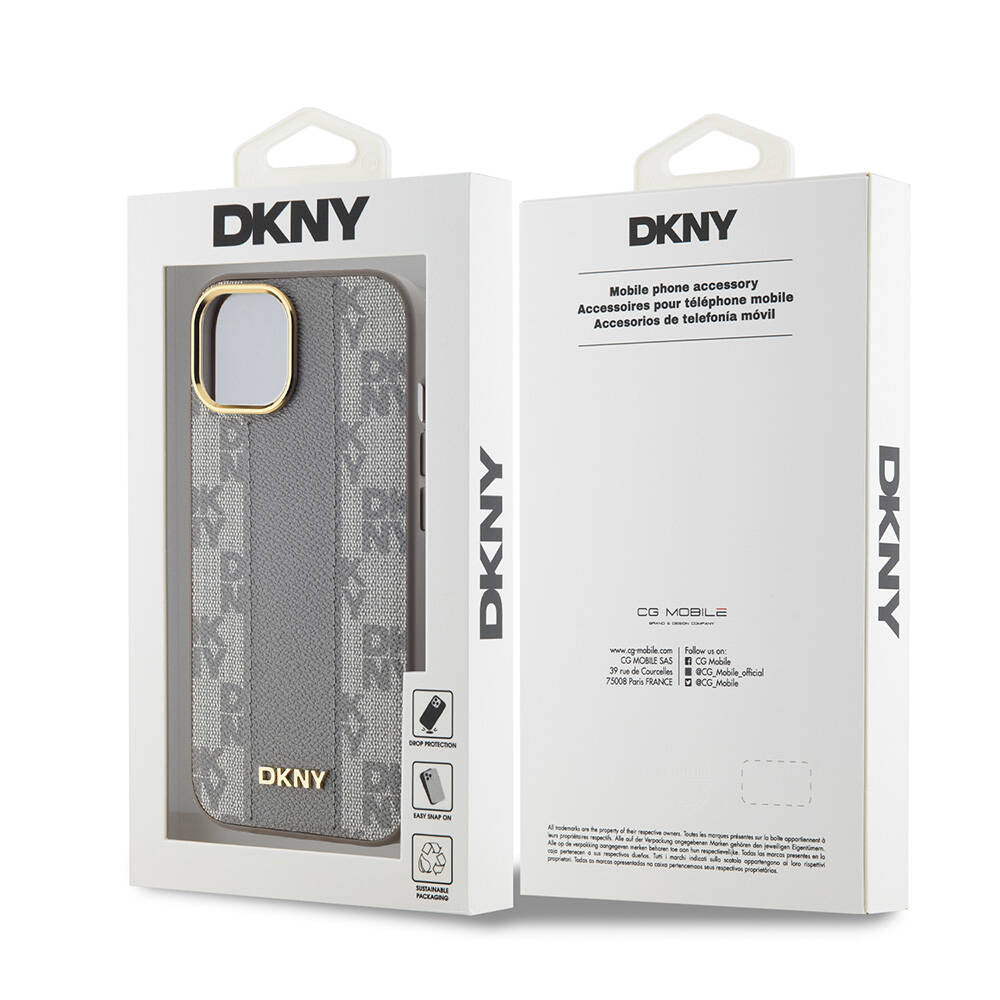 Apple iPhone 15 Kılıf DKNY Orjinal Lisanslı M-safe Şarj Özellikli 3D Yazılı Checkered Pattern Kapak Krem