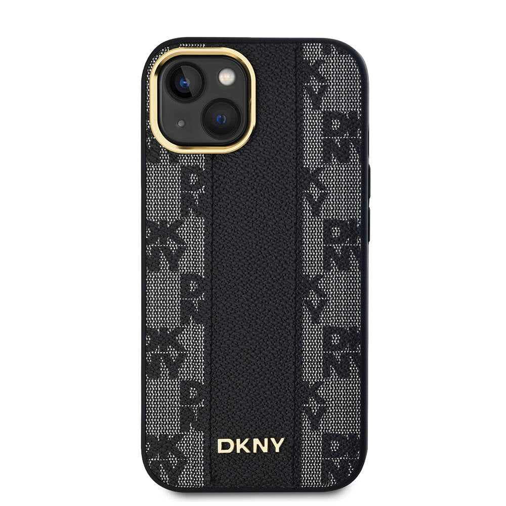 Apple iPhone 15 Kılıf DKNY Orjinal Lisanslı M-safe Şarj Özellikli 3D Yazılı Checkered Pattern Kapak Siyah