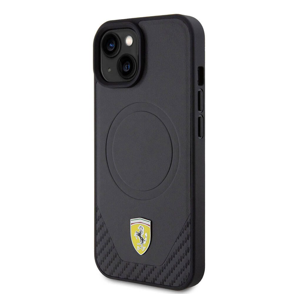 Apple iPhone 15 Kılıf Ferrari Orjinal Lisanslı M-safe Şarj Özellikli Metal Logolu PU Karbon Kapak Kırmızı