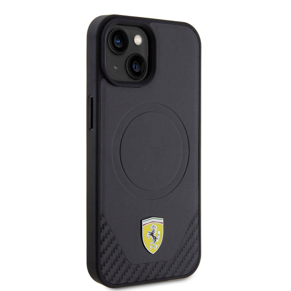 Apple iPhone 15 Kılıf Ferrari Orjinal Lisanslı M-safe Şarj Özellikli Metal Logolu PU Karbon Kapak Kırmızı