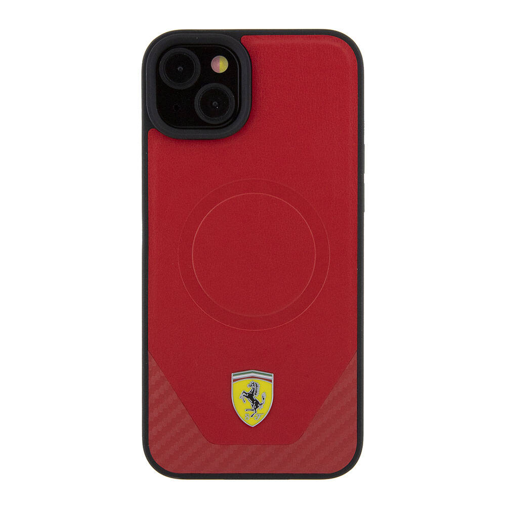 Apple iPhone 15 Kılıf Ferrari Orjinal Lisanslı M-safe Şarj Özellikli Metal Logolu PU Karbon Kapak Kırmızı