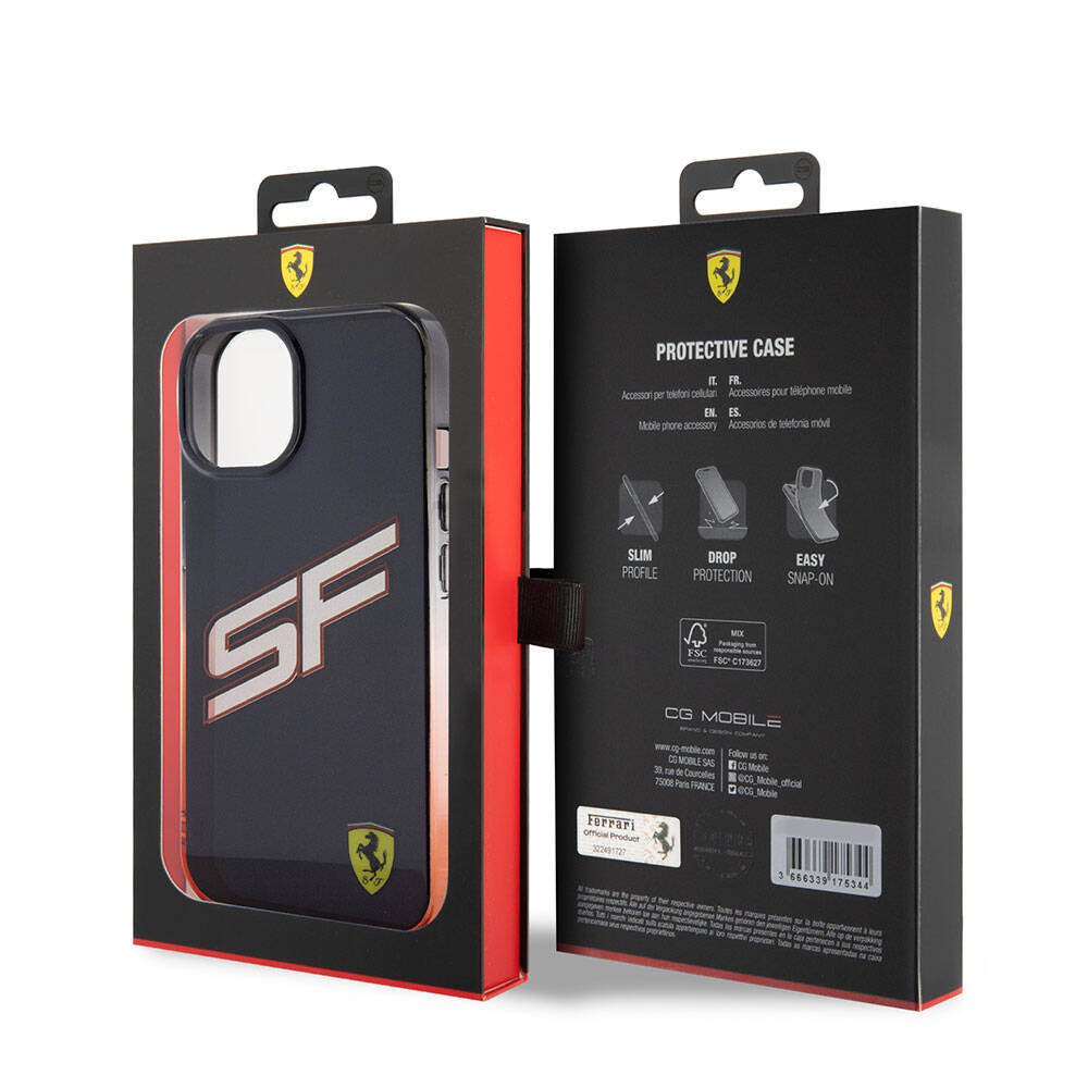 Apple iPhone 15 Kılıf Ferrari Orjinal Lisanslı Transparan SF Yazılı Kenarları Renk Geçişli Kapak Siyah