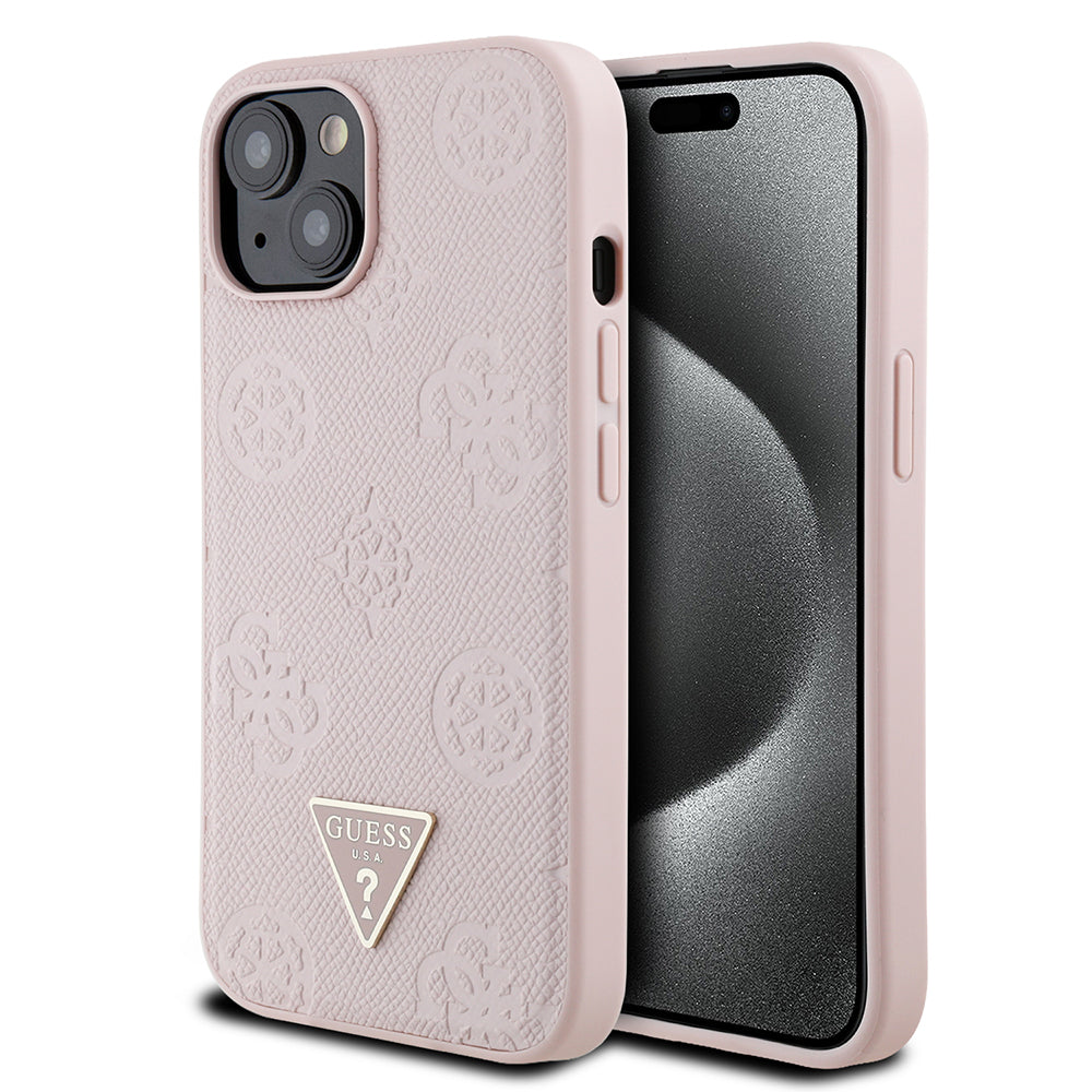 Apple iPhone 15 Kılıf Guess Orjinal Lisanslı M-safe Şarj Özellikli Sıcak Baskılı Üçgen Logolu PU Deri Peony Kapak