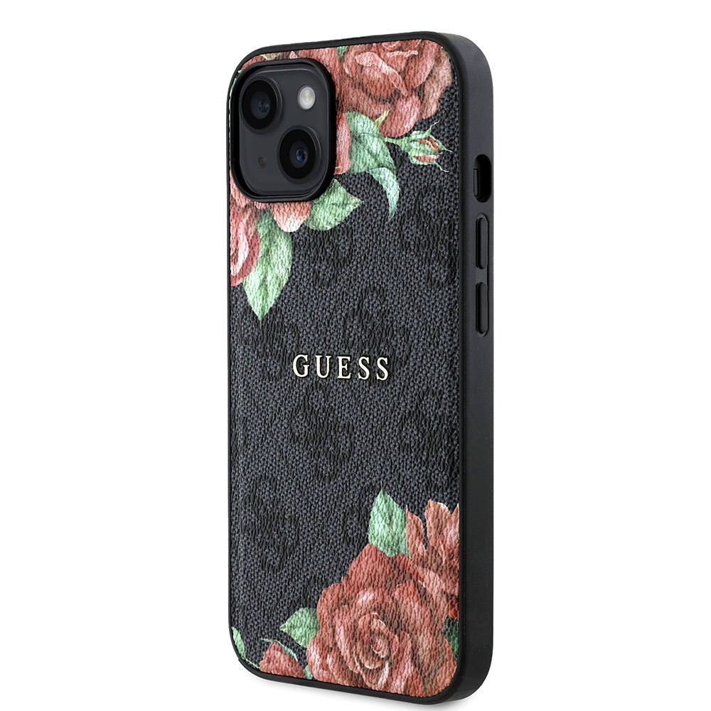 Apple iPhone 15 Kılıf Guess Orjinal Lisanslı M-safe Şarj Özellikli Gül Baskılı 4G Desenli Yazı Logolu Kapak Siyah