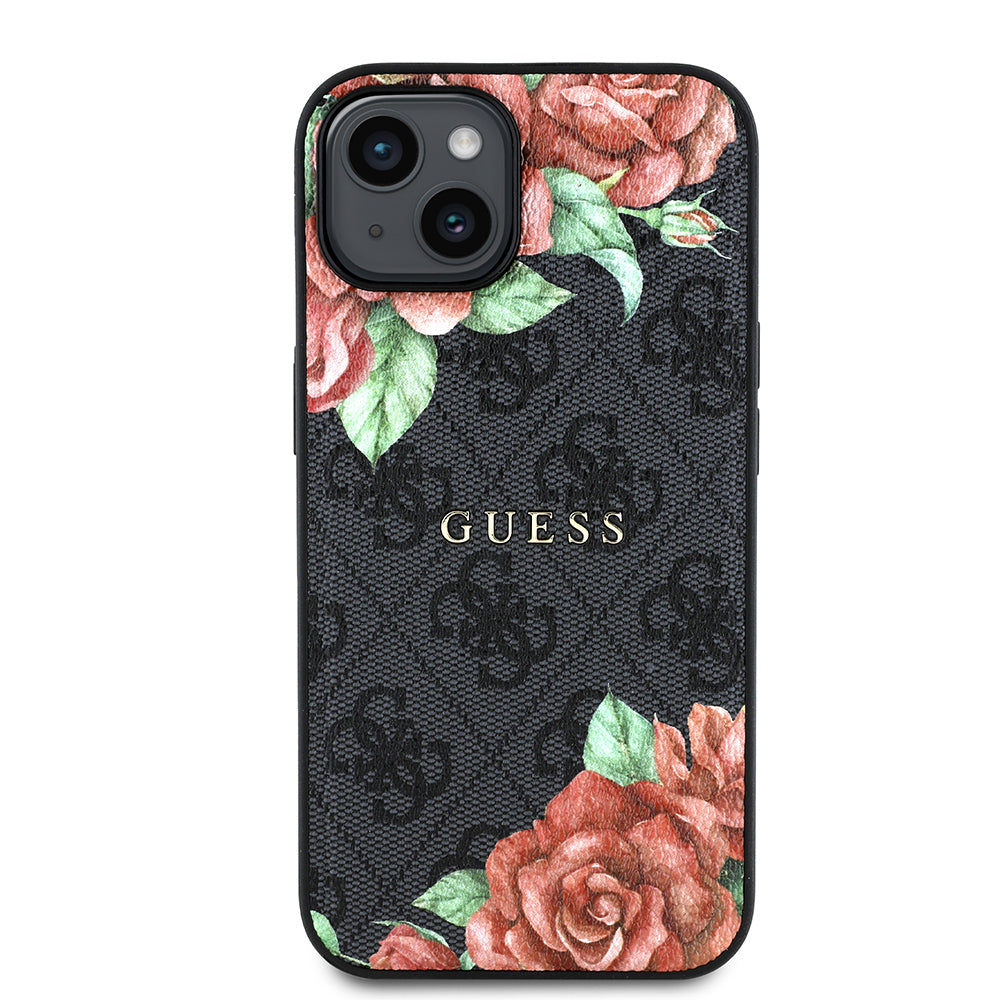 Apple iPhone 15 Kılıf Guess Orjinal Lisanslı M-safe Şarj Özellikli Gül Baskılı 4G Desenli Yazı Logolu Kapak Siyah