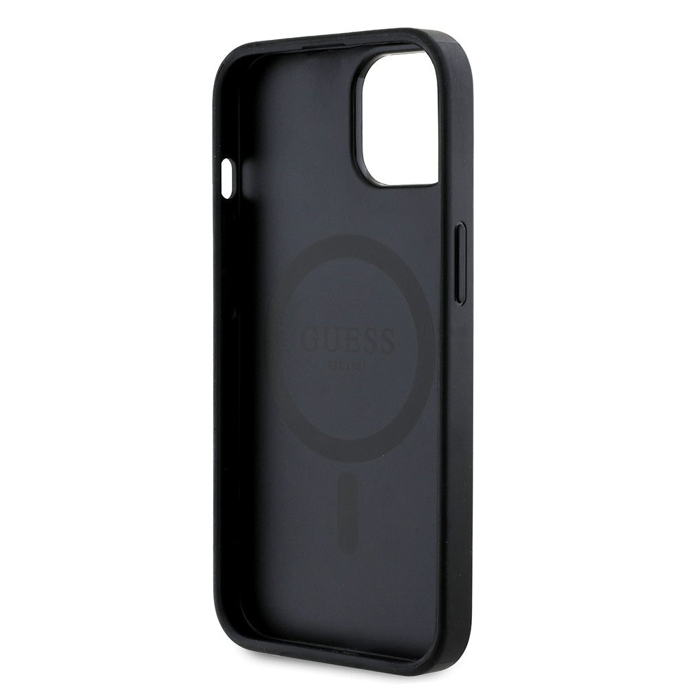 Apple iPhone 15 Kılıf Guess Orjinal Lisanslı M-safe Şarj Özellikli Gül Baskılı 4G Desenli Yazı Logolu Kapak Siyah