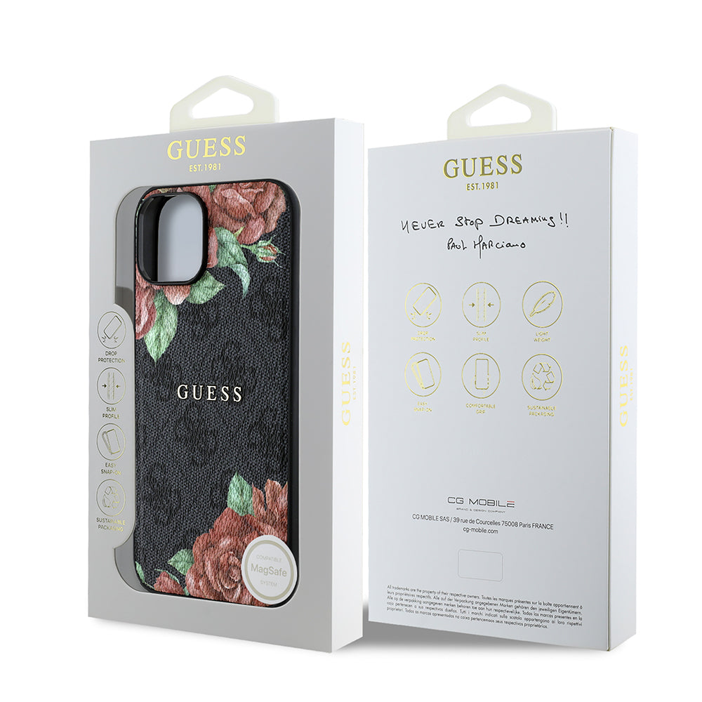 Apple iPhone 15 Kılıf Guess Orjinal Lisanslı M-safe Şarj Özellikli Gül Baskılı 4G Desenli Yazı Logolu Kapak Siyah