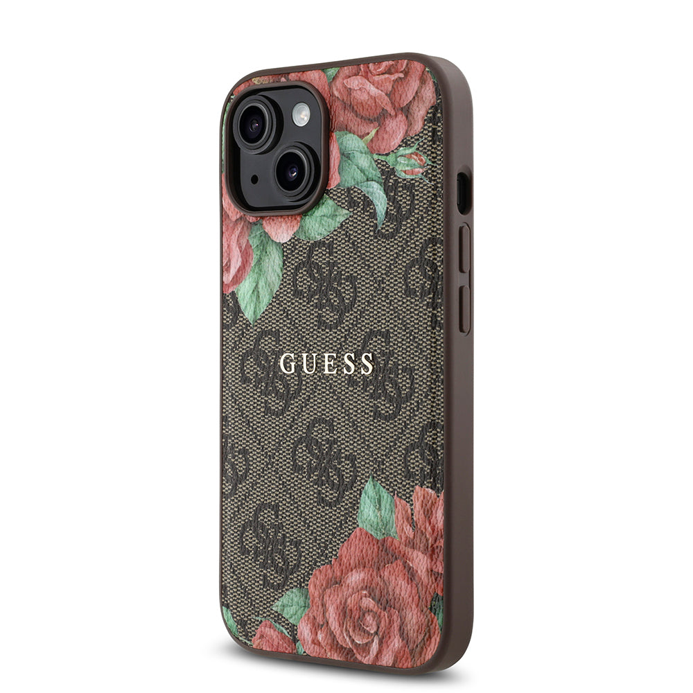 Apple iPhone 15 Kılıf Guess Orjinal Lisanslı M-safe Şarj Özellikli Gül Baskılı 4G Desenli Yazı Logolu Kapak Siyah