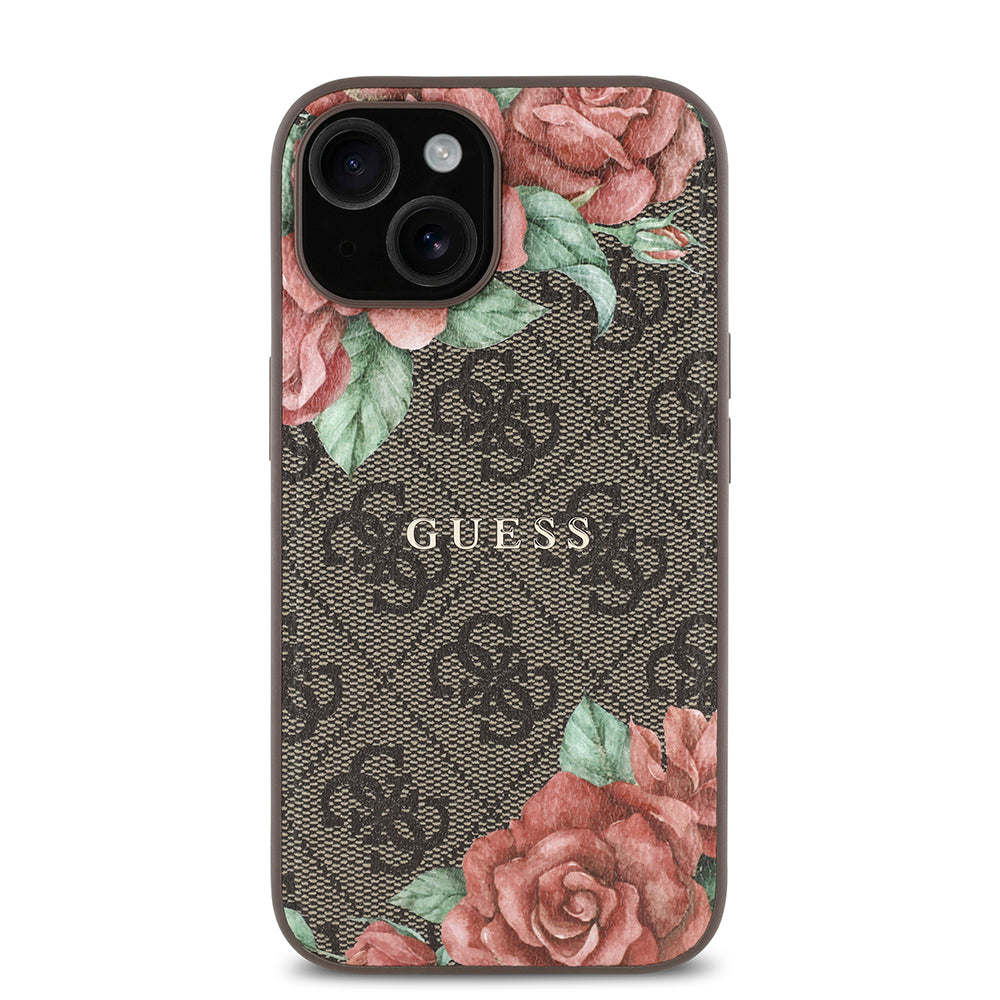 Apple iPhone 15 Kılıf Guess Orjinal Lisanslı M-safe Şarj Özellikli Gül Baskılı 4G Desenli Yazı Logolu Kapak Siyah