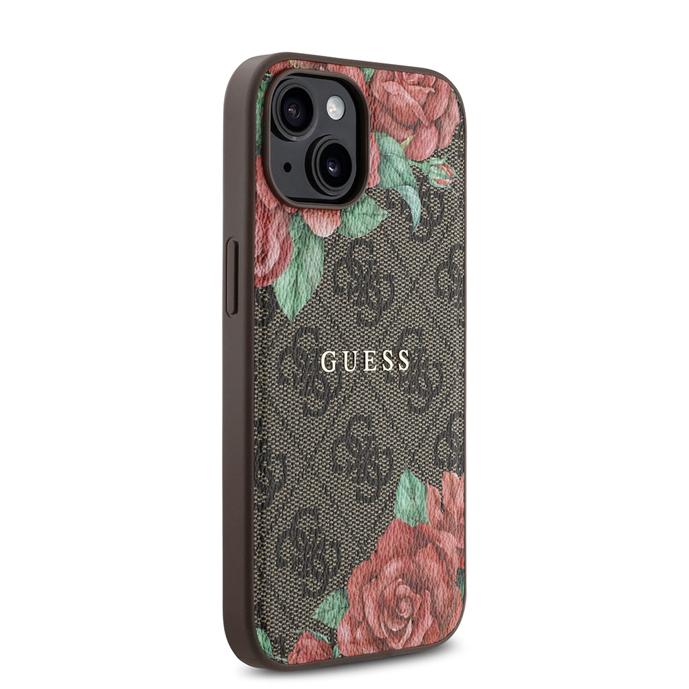 Apple iPhone 15 Kılıf Guess Orjinal Lisanslı M-safe Şarj Özellikli Gül Baskılı 4G Desenli Yazı Logolu Kapak Siyah