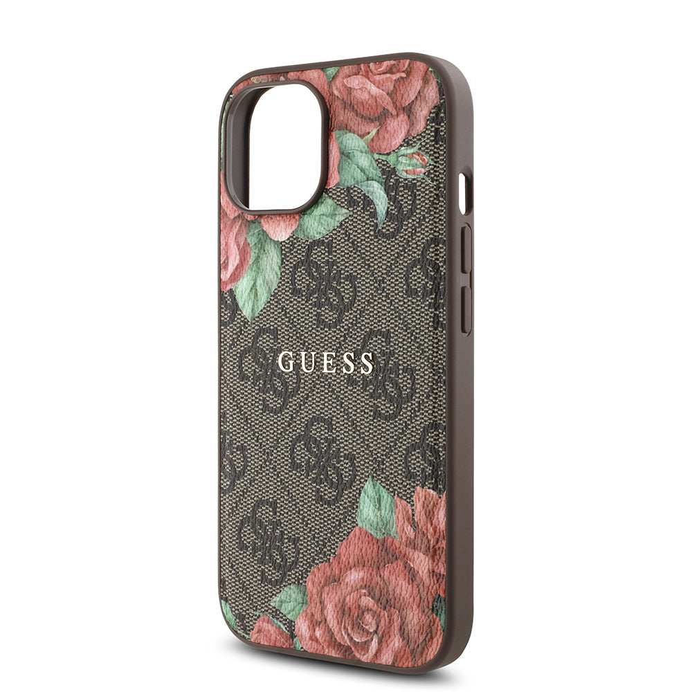 Apple iPhone 15 Kılıf Guess Orjinal Lisanslı M-safe Şarj Özellikli Gül Baskılı 4G Desenli Yazı Logolu Kapak Siyah