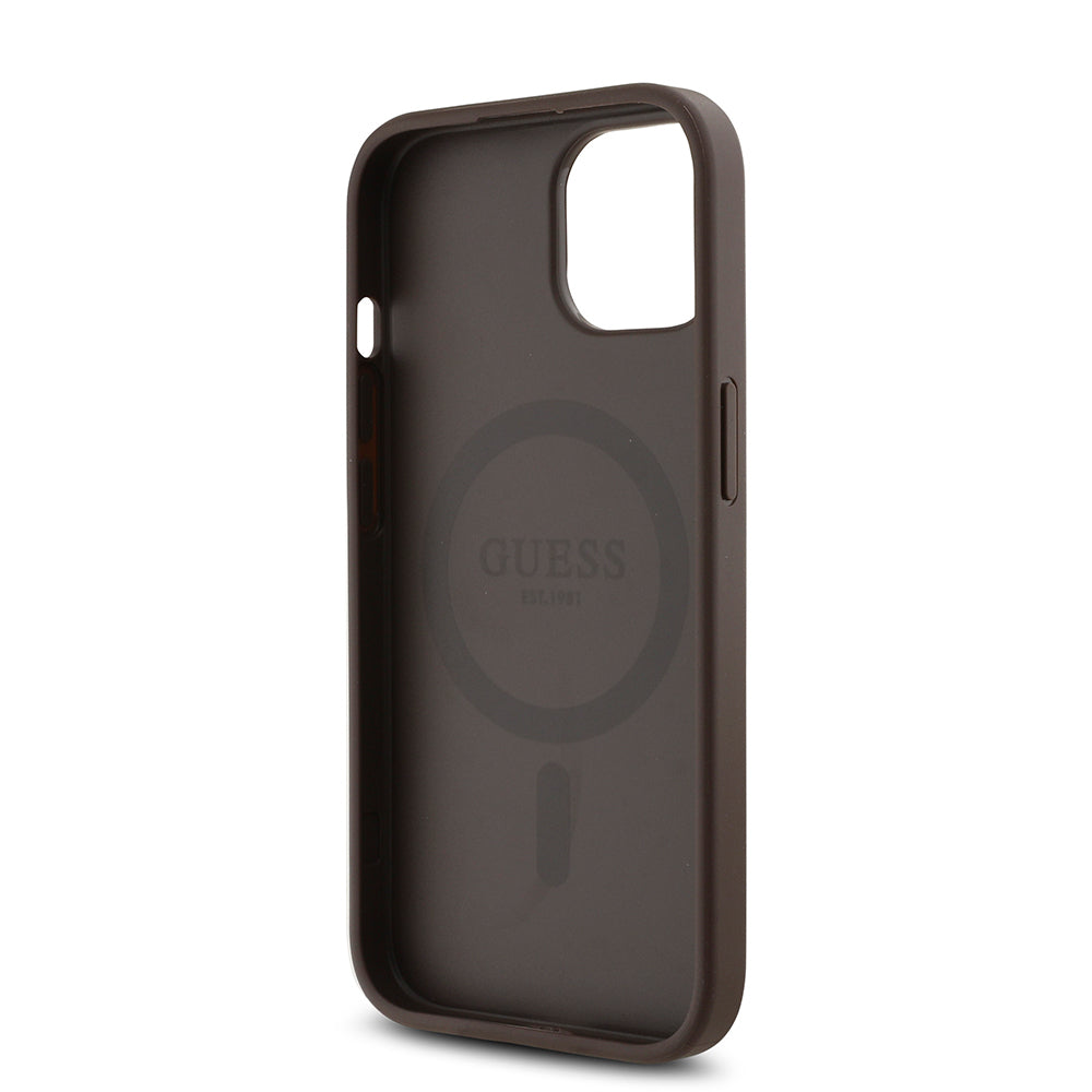 Apple iPhone 15 Kılıf Guess Orjinal Lisanslı M-safe Şarj Özellikli Gül Baskılı 4G Desenli Yazı Logolu Kapak Siyah