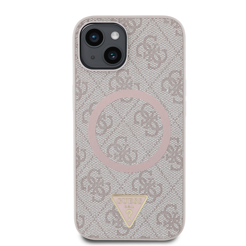 Apple iPhone 15 Kılıf Guess Orjinal Lisanslı M-safe Şarj Özellikli PU Üçgen Logo 4G Desenli Kapak Pembe
