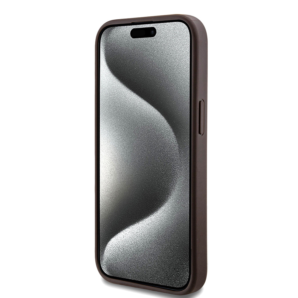 Apple iPhone 15 Kılıf Guess Orjinal Lisanslı M-safe Şarj Özellikli Small 4G Classic Kapak Kahverengi
