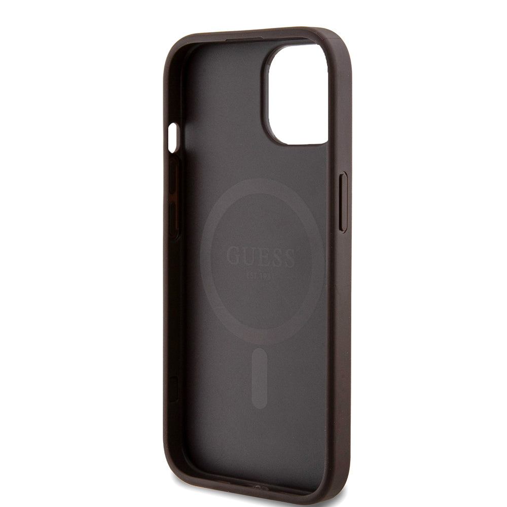Apple iPhone 15 Kılıf Guess Orjinal Lisanslı M-safe Şarj Özellikli Small 4G Classic Kapak Kahverengi