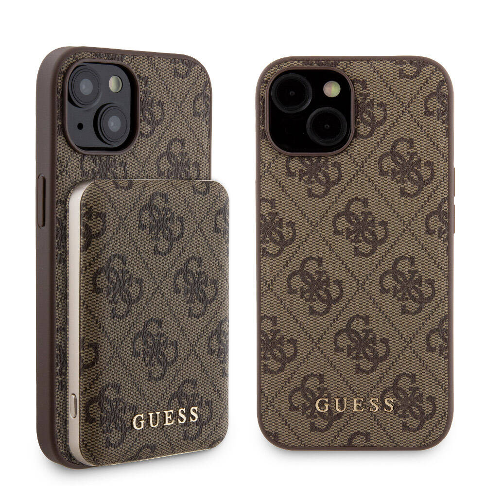 Apple iPhone 15 Kılıf Guess Orjinal Lisanslı M-safe Şarj Özellikli Yazı Logolu 4G Desenli Kapak + Powerbank 5000mAh 2in1 Set Siyah