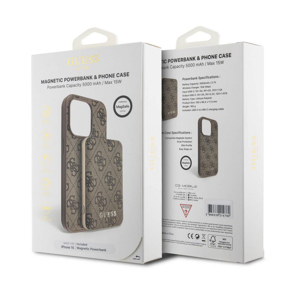 Apple iPhone 15 Kılıf Guess Orjinal Lisanslı M-safe Şarj Özellikli Yazı Logolu 4G Desenli Kapak + Powerbank 5000mAh 2in1 Set Siyah