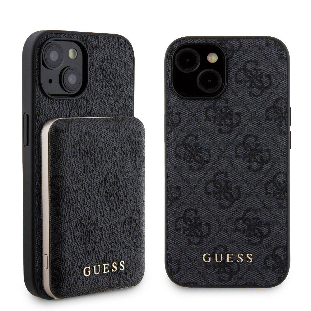 Apple iPhone 15 Kılıf Guess Orjinal Lisanslı M-safe Şarj Özellikli Yazı Logolu 4G Desenli Kapak + Powerbank 5000mAh 2in1 Set Siyah