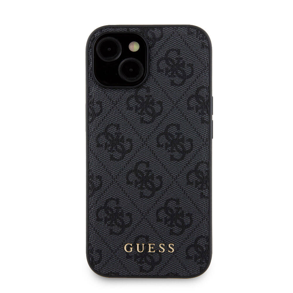 Apple iPhone 15 Kılıf Guess Orjinal Lisanslı M-safe Şarj Özellikli Yazı Logolu 4G Desenli Kapak + Powerbank 5000mAh 2in1 Set Siyah
