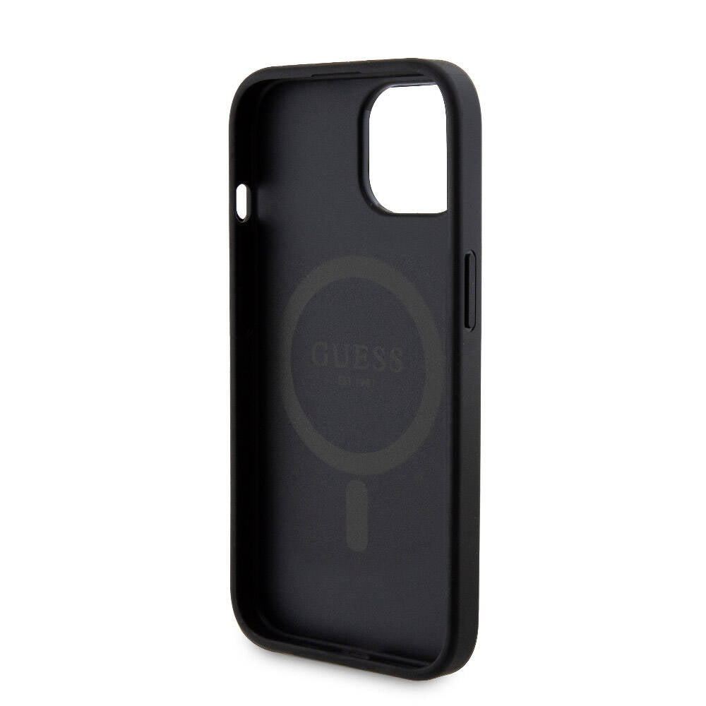 Apple iPhone 15 Kılıf Guess Orjinal Lisanslı M-safe Şarj Özellikli Yazı Logolu 4G Desenli Kapak + Powerbank 5000mAh 2in1 Set Siyah