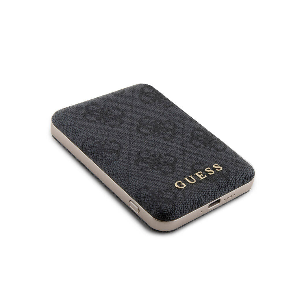 Apple iPhone 15 Kılıf Guess Orjinal Lisanslı M-safe Şarj Özellikli Yazı Logolu 4G Desenli Kapak + Powerbank 5000mAh 2in1 Set Siyah