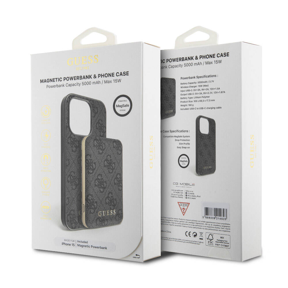 Apple iPhone 15 Kılıf Guess Orjinal Lisanslı M-safe Şarj Özellikli Yazı Logolu 4G Desenli Kapak + Powerbank 5000mAh 2in1 Set Siyah