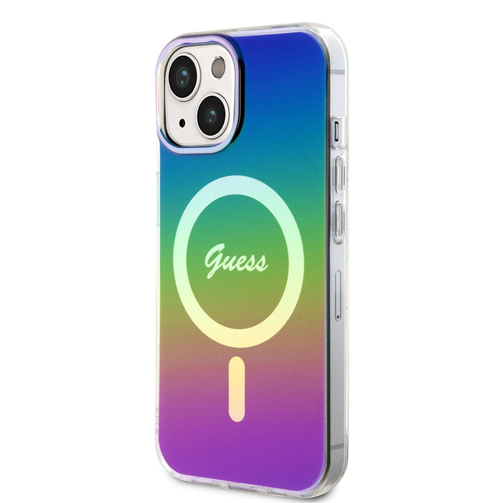 Apple iPhone 15 Kılıf Guess Orjinal Lisanslı M-safe Şarj Özellikli Yazı Logolu Iridescent Kapak Turkuaz