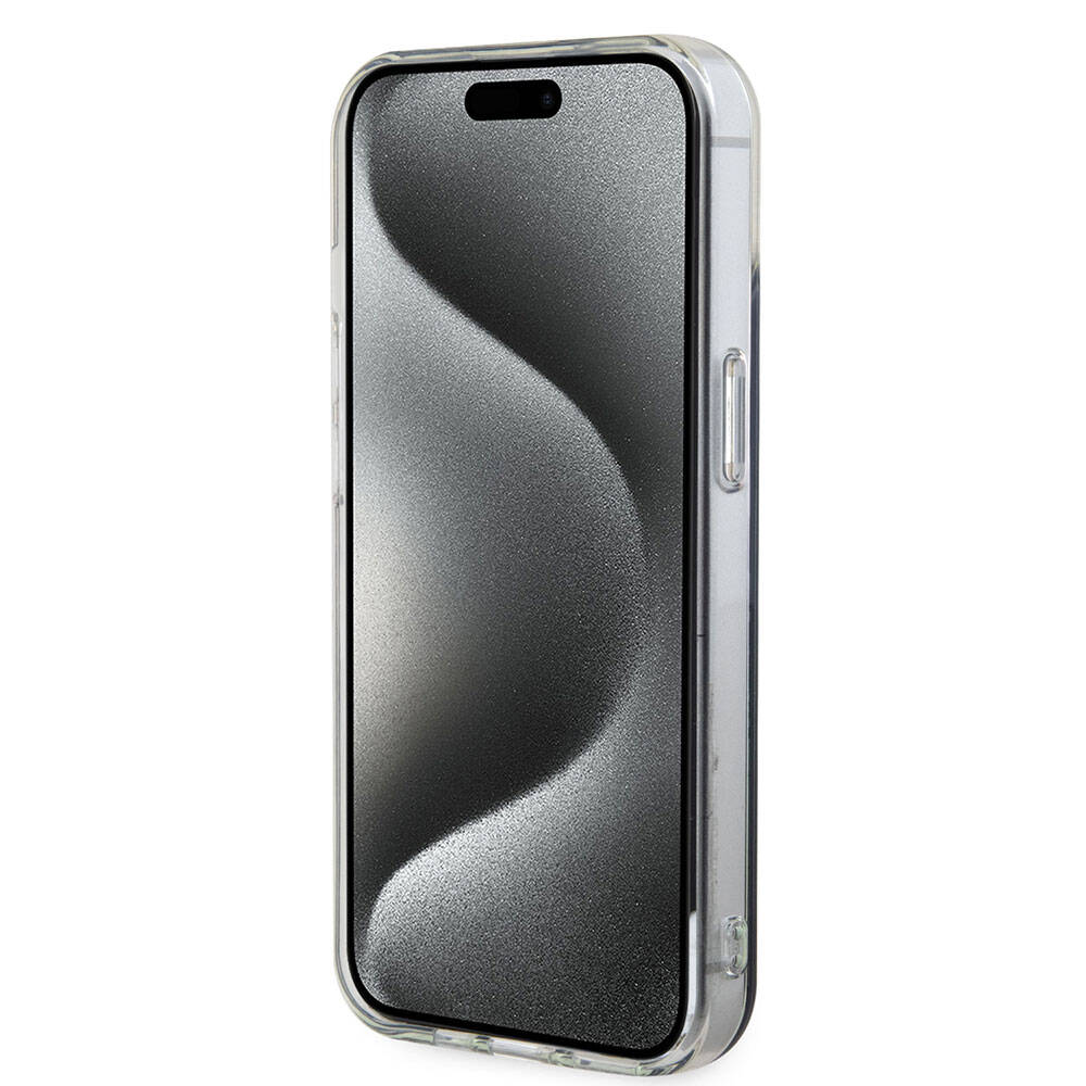 Apple iPhone 15 Kılıf Guess Orjinal Lisanslı M-safe Şarj Özellikli Yazı Logolu Iridescent Kapak Turkuaz