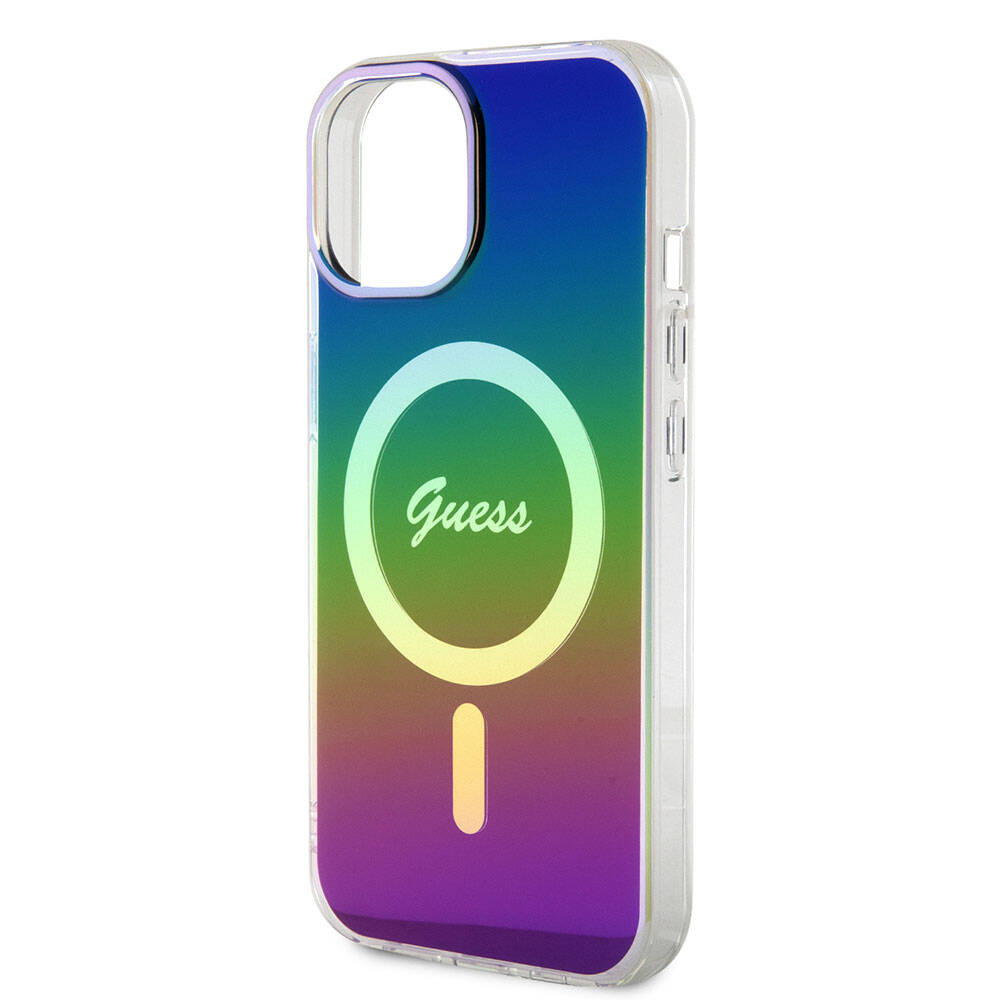 Apple iPhone 15 Kılıf Guess Orjinal Lisanslı M-safe Şarj Özellikli Yazı Logolu Iridescent Kapak Turkuaz