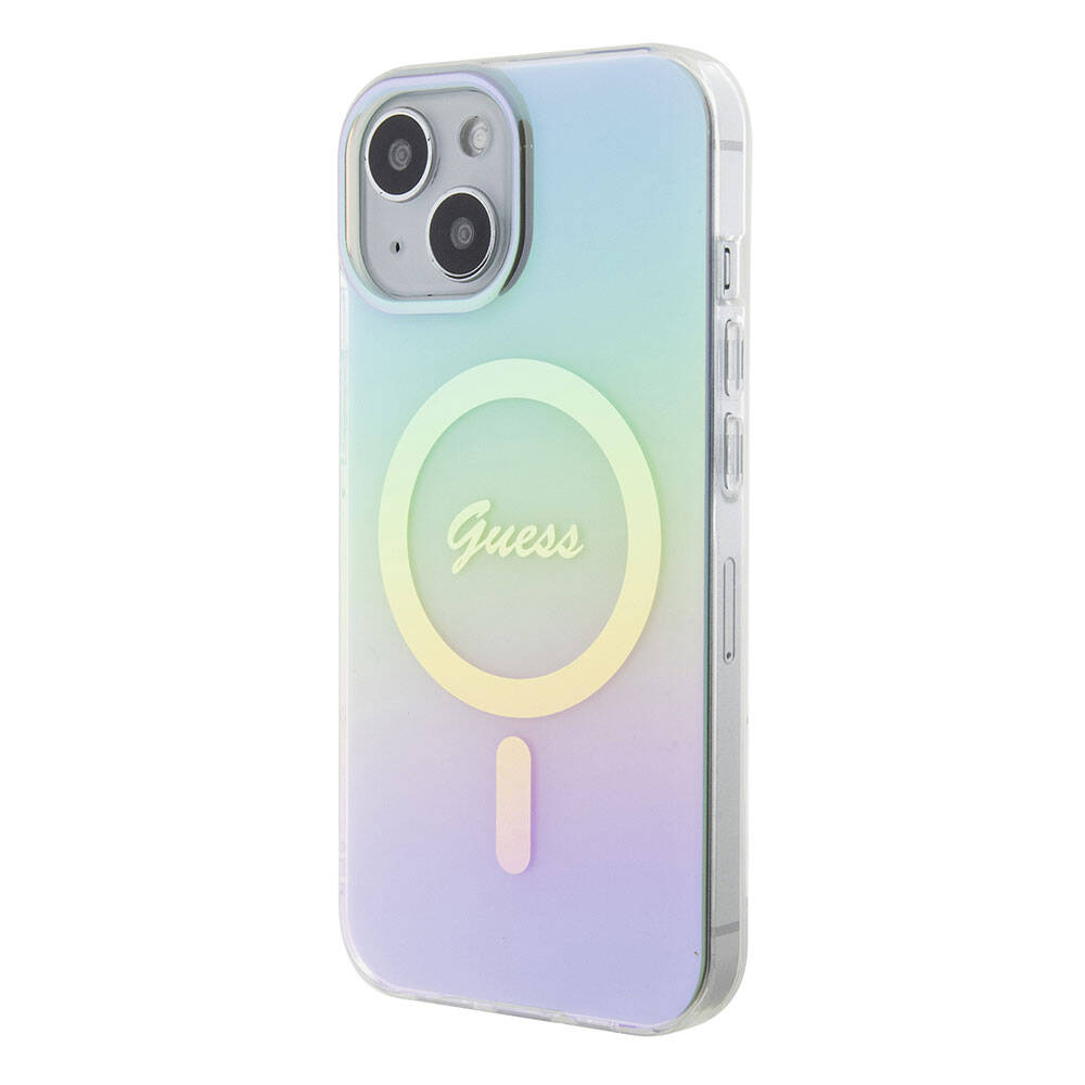 Apple iPhone 15 Kılıf Guess Orjinal Lisanslı M-safe Şarj Özellikli Yazı Logolu Iridescent Kapak Turkuaz