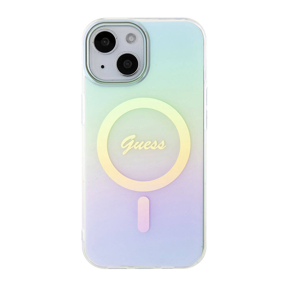 Apple iPhone 15 Kılıf Guess Orjinal Lisanslı M-safe Şarj Özellikli Yazı Logolu Iridescent Kapak Turkuaz
