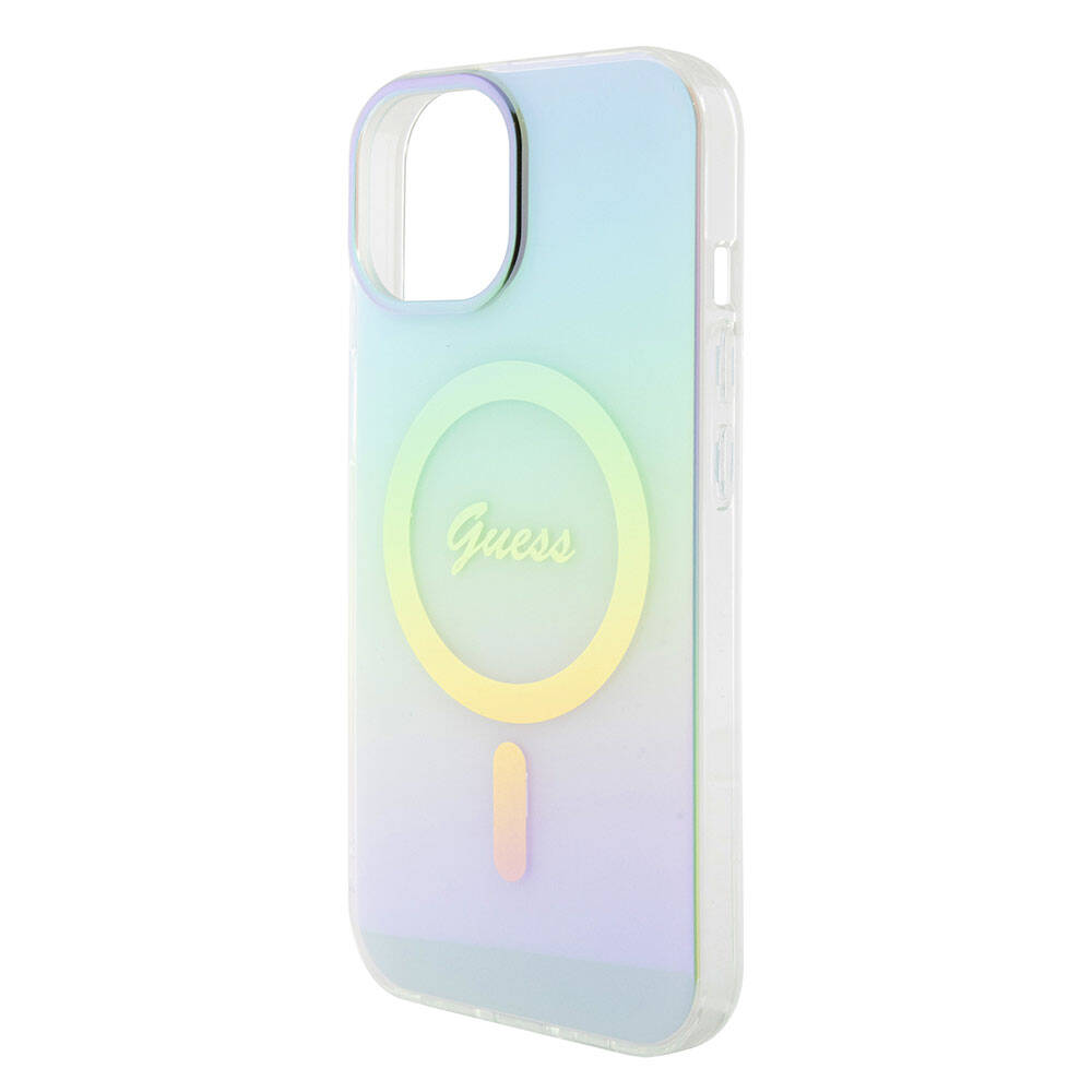 Apple iPhone 15 Kılıf Guess Orjinal Lisanslı M-safe Şarj Özellikli Yazı Logolu Iridescent Kapak Turkuaz