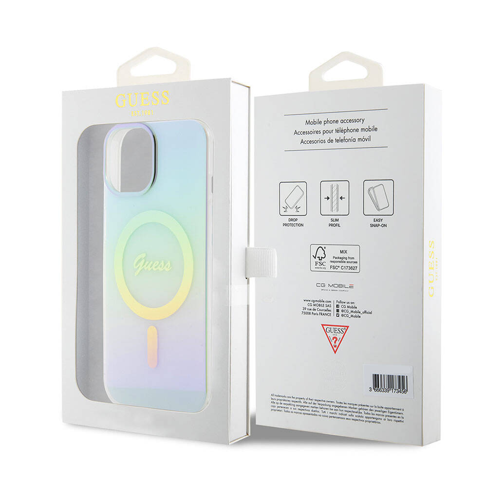 Apple iPhone 15 Kılıf Guess Orjinal Lisanslı M-safe Şarj Özellikli Yazı Logolu Iridescent Kapak Turkuaz