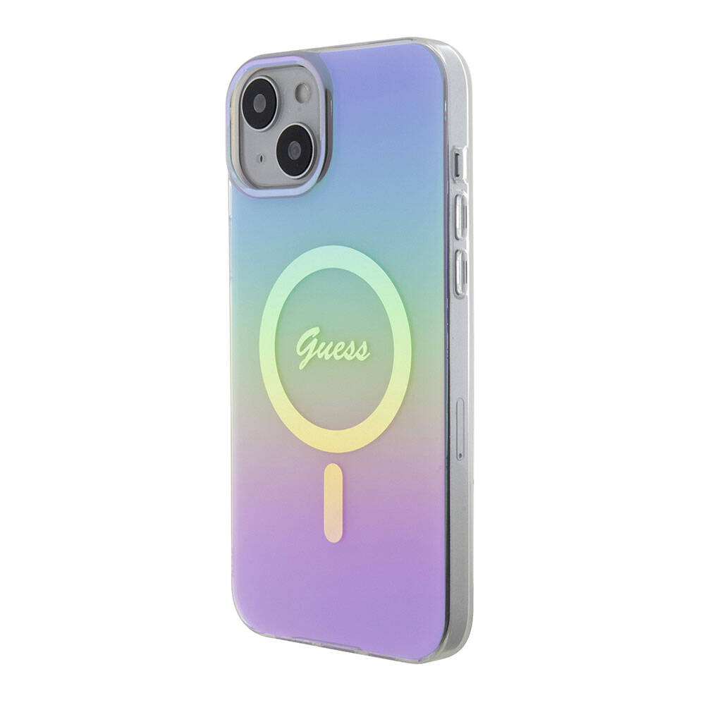 Apple iPhone 15 Kılıf Guess Orjinal Lisanslı M-safe Şarj Özellikli Yazı Logolu Iridescent Kapak Turkuaz