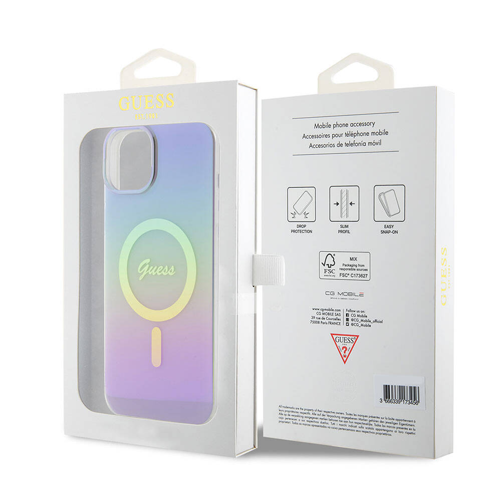 Apple iPhone 15 Kılıf Guess Orjinal Lisanslı M-safe Şarj Özellikli Yazı Logolu Iridescent Kapak Turkuaz