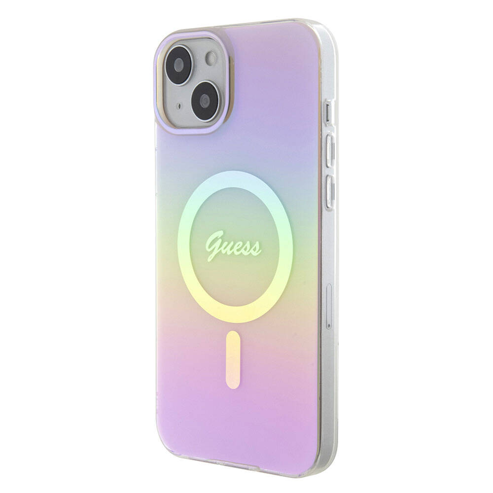 Apple iPhone 15 Kılıf Guess Orjinal Lisanslı M-safe Şarj Özellikli Yazı Logolu Iridescent Kapak Turkuaz