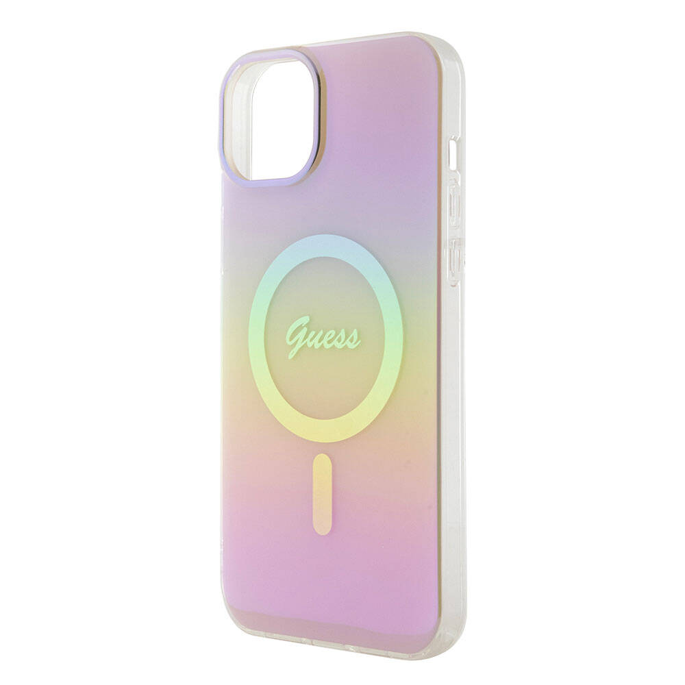Apple iPhone 15 Kılıf Guess Orjinal Lisanslı M-safe Şarj Özellikli Yazı Logolu Iridescent Kapak Turkuaz