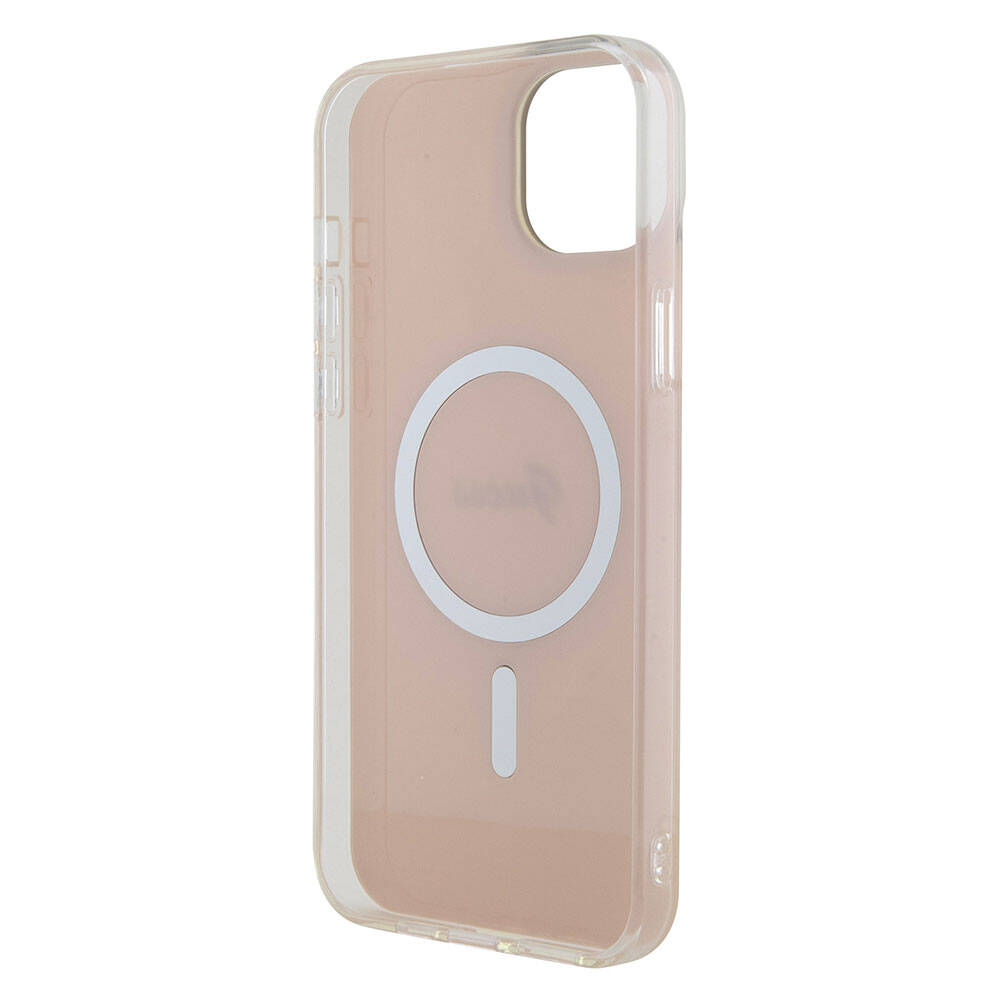 Apple iPhone 15 Kılıf Guess Orjinal Lisanslı M-safe Şarj Özellikli Yazı Logolu Iridescent Kapak Turkuaz