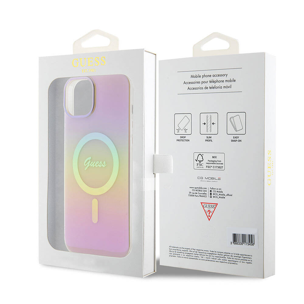 Apple iPhone 15 Kılıf Guess Orjinal Lisanslı M-safe Şarj Özellikli Yazı Logolu Iridescent Kapak Turkuaz