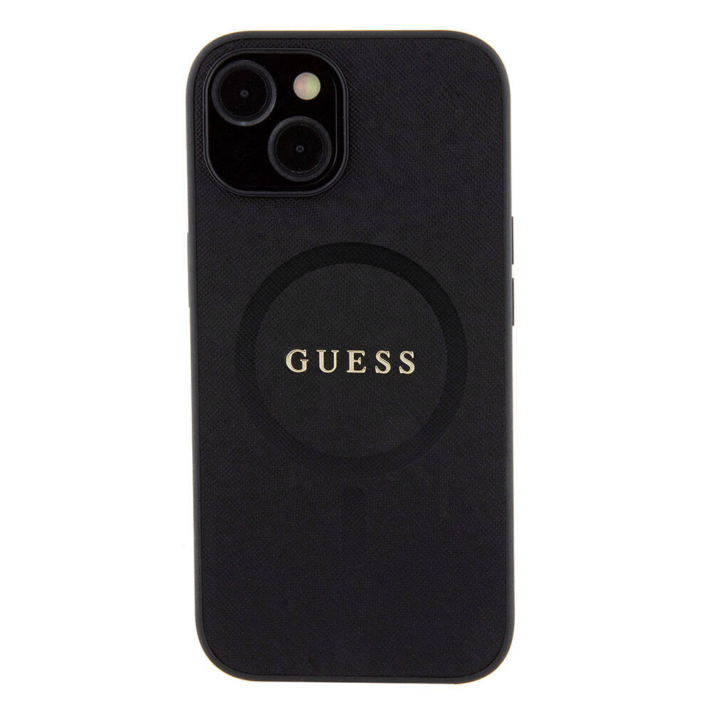 Apple iPhone 15 Kılıf Guess Orjinal Lisanslı M-safe Şarj Özellikli Yazı Logolu Saffiano Kapak Mor