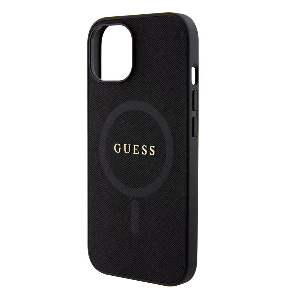 Apple iPhone 15 Kılıf Guess Orjinal Lisanslı M-safe Şarj Özellikli Yazı Logolu Saffiano Kapak Mor