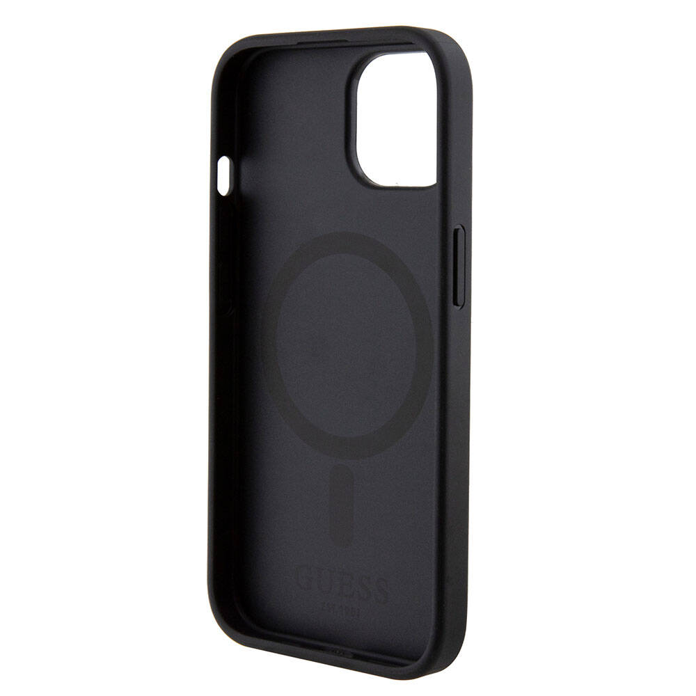 Apple iPhone 15 Kılıf Guess Orjinal Lisanslı M-safe Şarj Özellikli Yazı Logolu Saffiano Kapak Mor