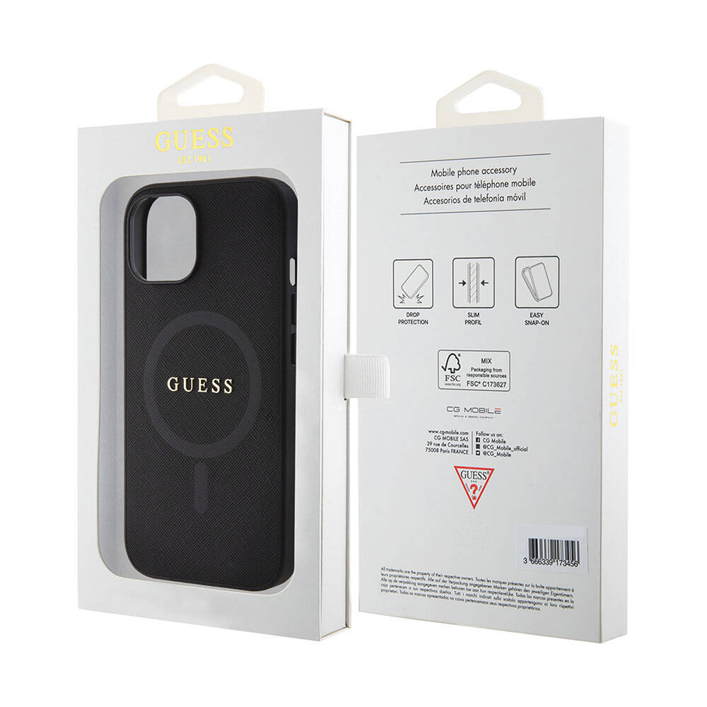 Apple iPhone 15 Kılıf Guess Orjinal Lisanslı M-safe Şarj Özellikli Yazı Logolu Saffiano Kapak Mor