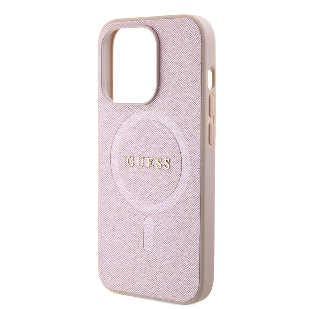Apple iPhone 15 Kılıf Guess Orjinal Lisanslı M-safe Şarj Özellikli Yazı Logolu Saffiano Kapak Mor